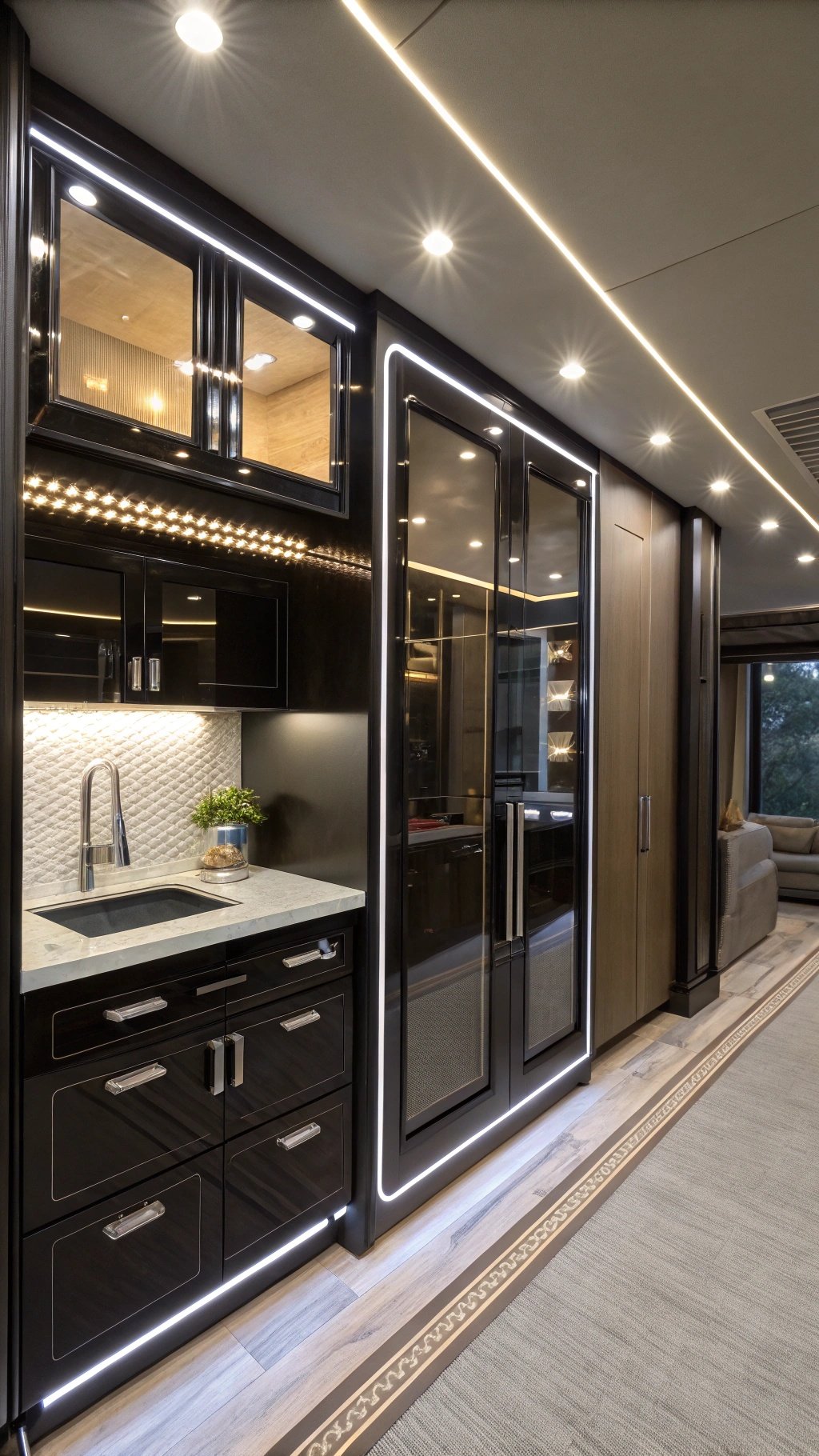 Luxury RV with black cabinets and LED lighting