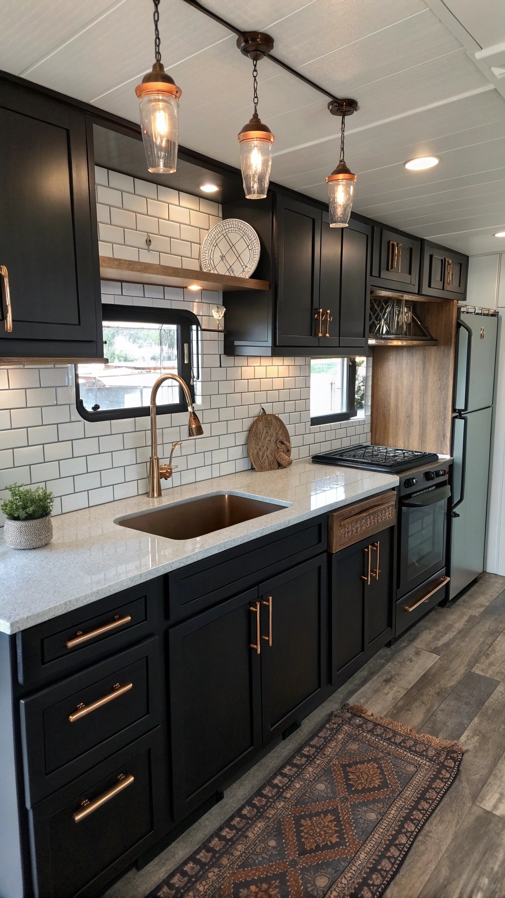 RV kitchen with black cabinets and subway tile