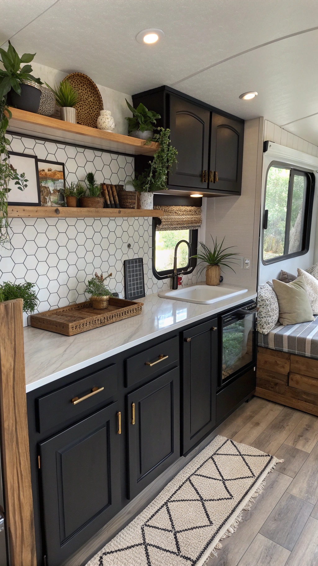 RV interior with black cabinets and boho style