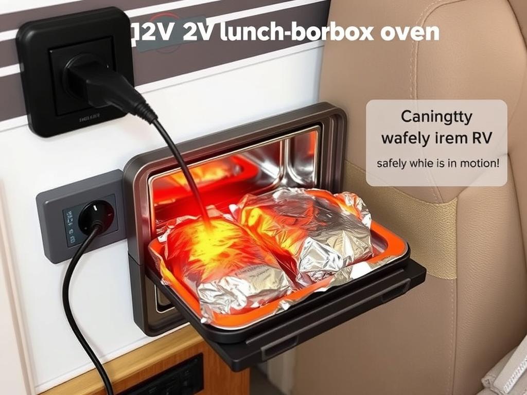 12V lunchbox oven warming food in an RV