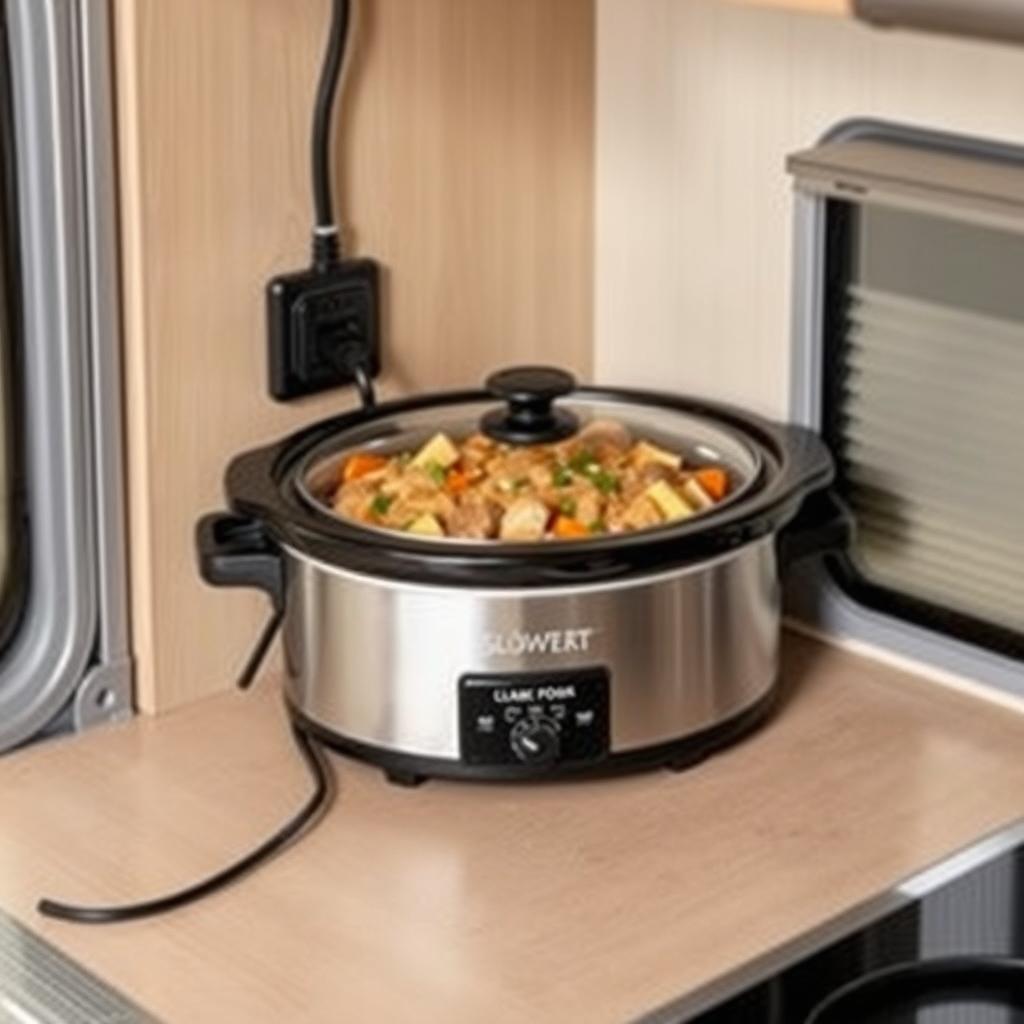 12V slow cooker secured in an RV kitchen