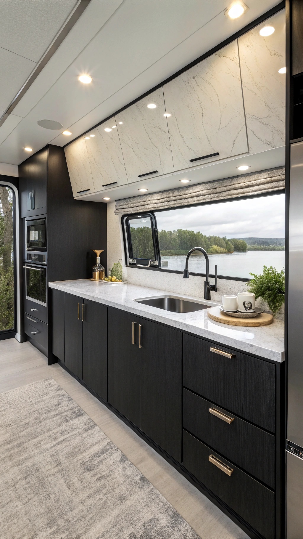 RV kitchen with handleless black cabinets