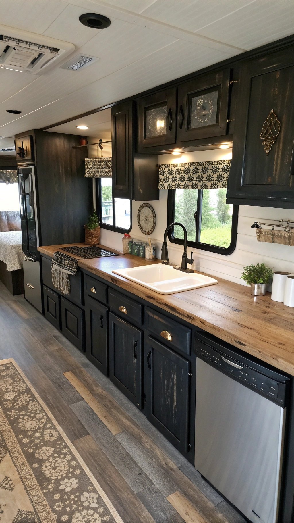 RV kitchen with distressed black cabinets