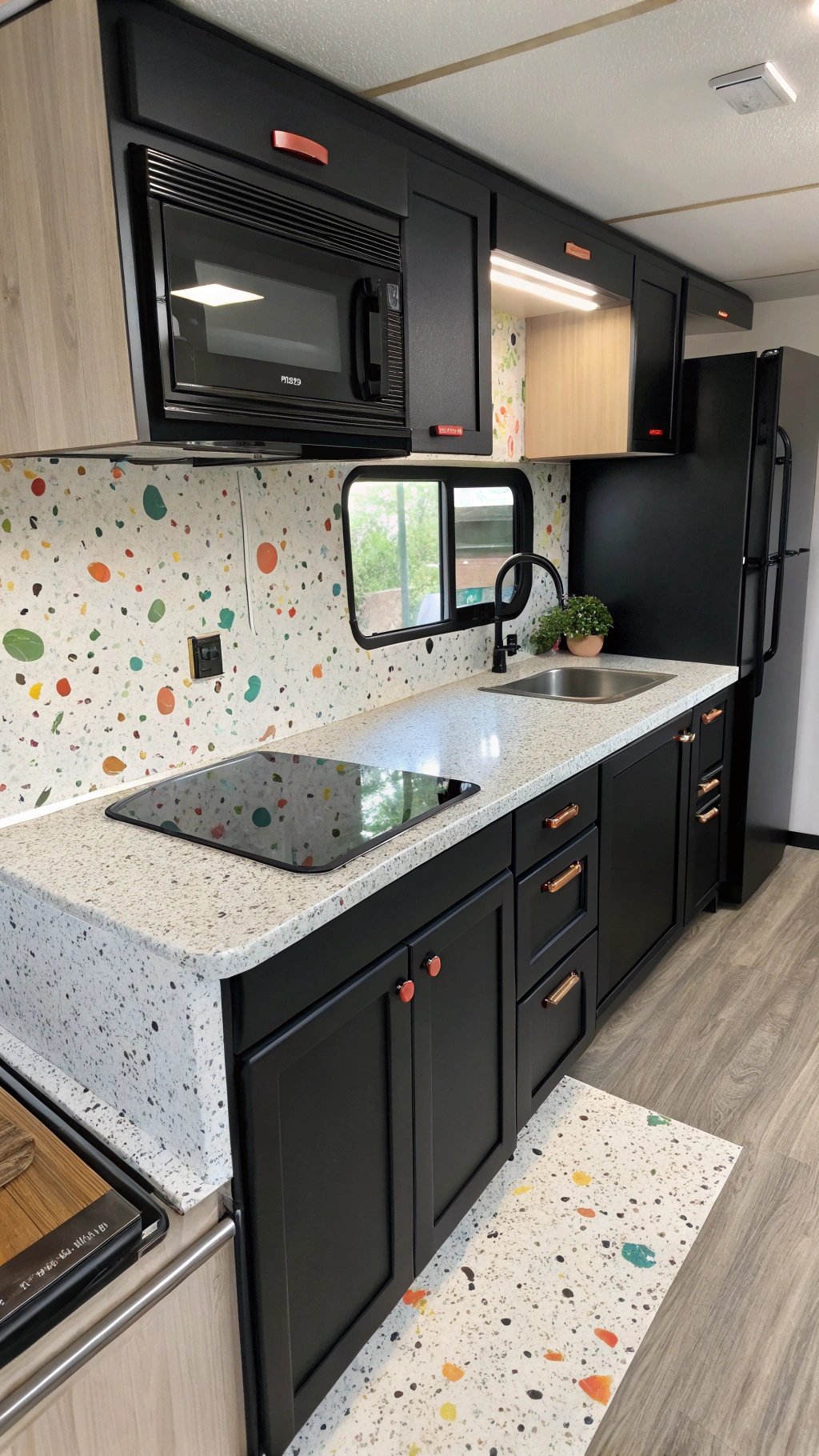 RV kitchen with black cabinets and terrazzo counters
