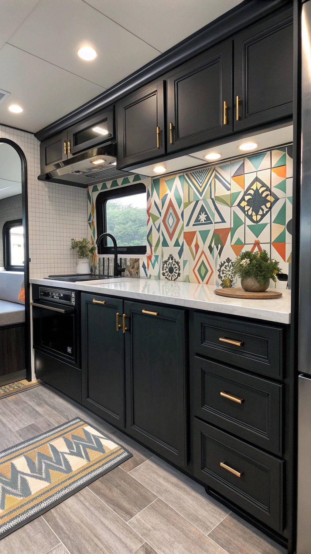 RV galley with black cabinets and geometric tile