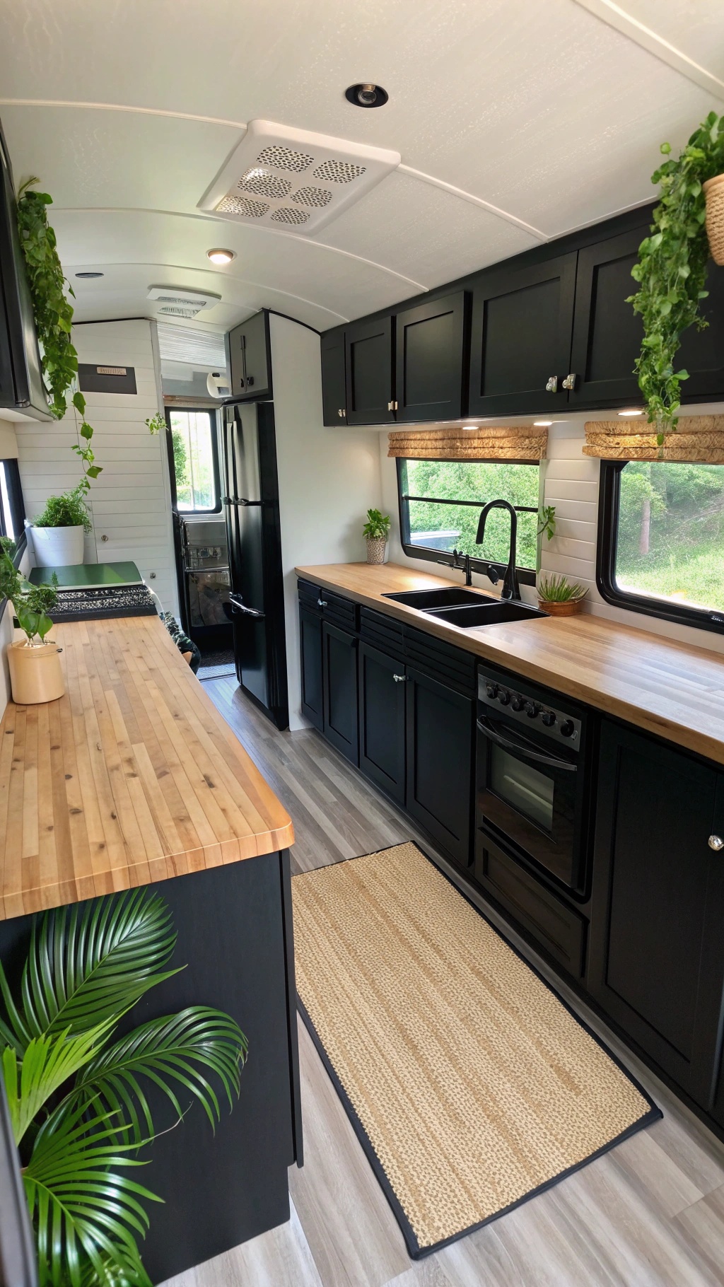 RV kitchen with eco-friendly black cabinets