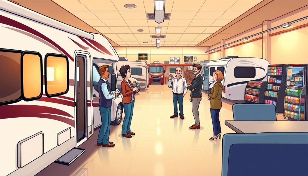 A modern, well-lit interior of an RV dealership showroom. In the foreground, a mid-size Class C motorhome is prominently displayed, its sleek exterior and spacious interior visible through large windows. In the middle ground, a salesperson gestures animatedly, explaining the financing options to a couple intently listening. The background features various RV models, shelves of accessories, and a few potential customers browsing the selection. Warm, inviting lighting casts a gentle glow, creating a sense of comfort and professionalism. The overall atmosphere conveys the step-by-step RV financing process, from selection to securing a loan.