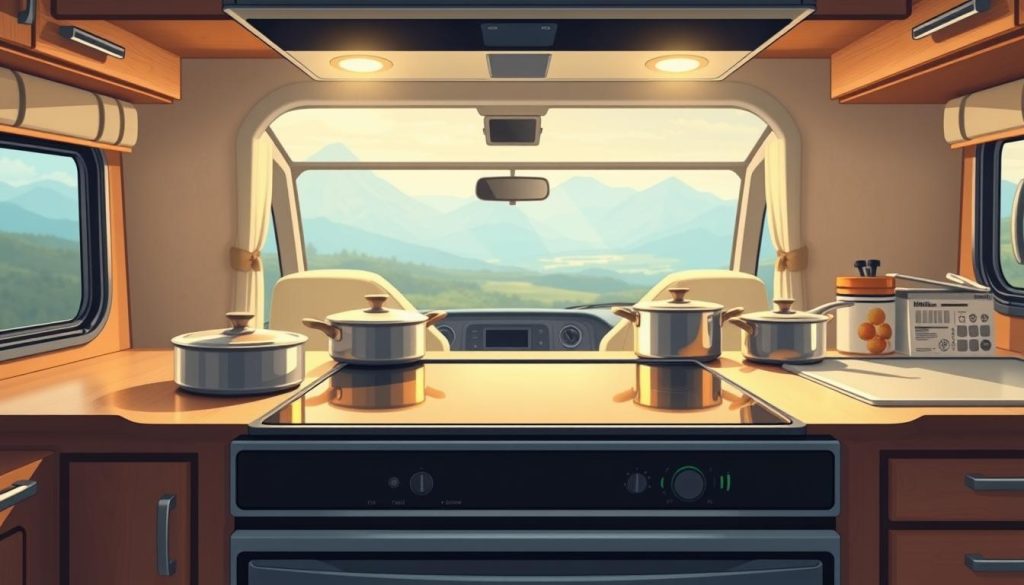 A sleek, modern electric stove set against the rustic interior of a cozy RV kitchen. The stovetop gleams under soft, warm lighting, casting a comforting glow over the surrounding countertops and cabinets. Pots and pans sit ready, hinting at delicious meals to come. In the background, the RV's windows frame a scenic landscape, providing a picturesque backdrop for this functional yet charming cooking setup. The composition captures the harmonious blend of modern appliance and traditional RV living, inviting the viewer to envision the possibilities of preparing a meal in the comfort of their mobile home.