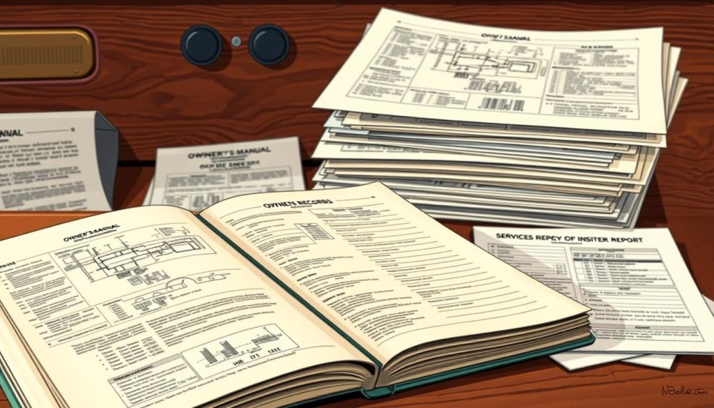 A well-lit, detailed image of a vintage RV owner's manual and various automotive documentation, including repair records, service history, and vehicle registration information. The foreground features an open RV owner's manual revealing pages of technical schematics and maintenance logs. In the middle ground, a stack of neatly organized folders and papers containing detailed RV service and inspection reports. The background depicts a richly textured wooden surface, evoking the classic aesthetic of an RV dashboard or interior. The overall scene conveys a sense of comprehensive, reliable data sources for researching an RV's history and condition.