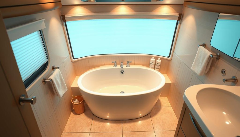 A well-lit, high-angle view of a modern RV bathroom, featuring a prominent, luxurious bathtub as the central focus. The tub is made of gleaming porcelain or acrylic, with chrome fixtures and neatly arranged toiletries nearby. The bathroom is spacious, with a clean, minimalist design and warm, diffused lighting that creates a relaxing, spa-like atmosphere. The walls are tiled or paneled in a neutral color scheme, and the floor is covered in sleek, easy-to-clean flooring. The overall impression should convey the comfort and amenities of an RV with a premium bathing experience.