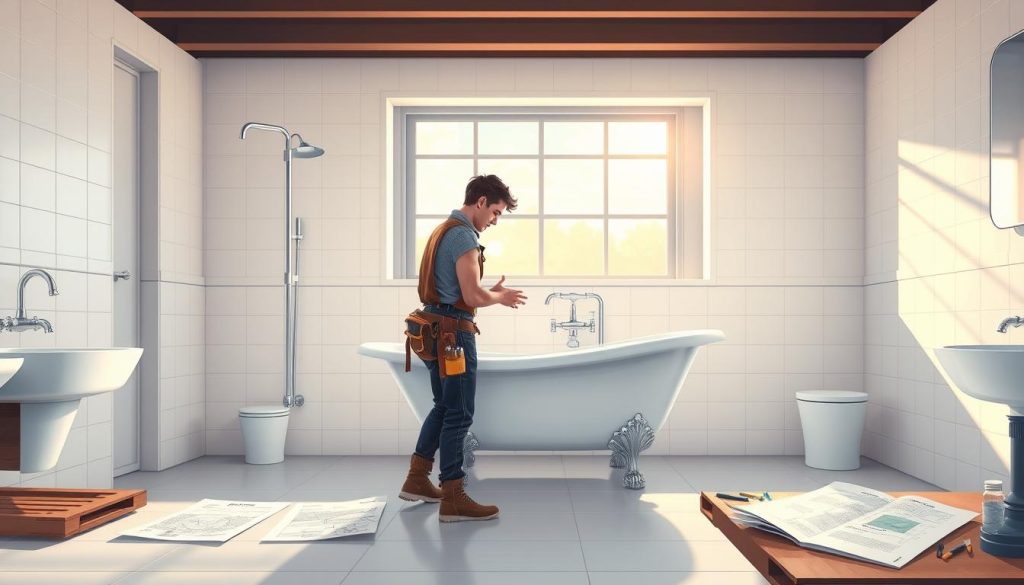 A well-lit, spacious bathroom setting with a clawfoot bathtub in the center, surrounded by sleek tiles and gleaming fixtures. A DIY enthusiast in a tool-belt examines the plumbing, focused on the task at hand. Soft natural light filters through a large window, casting a warm glow on the scene. Detailed diagrams and instructions for installation are scattered on a nearby workbench, hinting at the careful planning involved. The overall mood is one of confidence, creativity, and a sense of accomplishment as the DIY bathtub project takes shape.