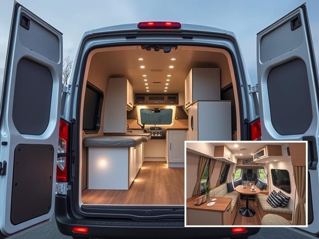Class B camper van conversion with interior view insert