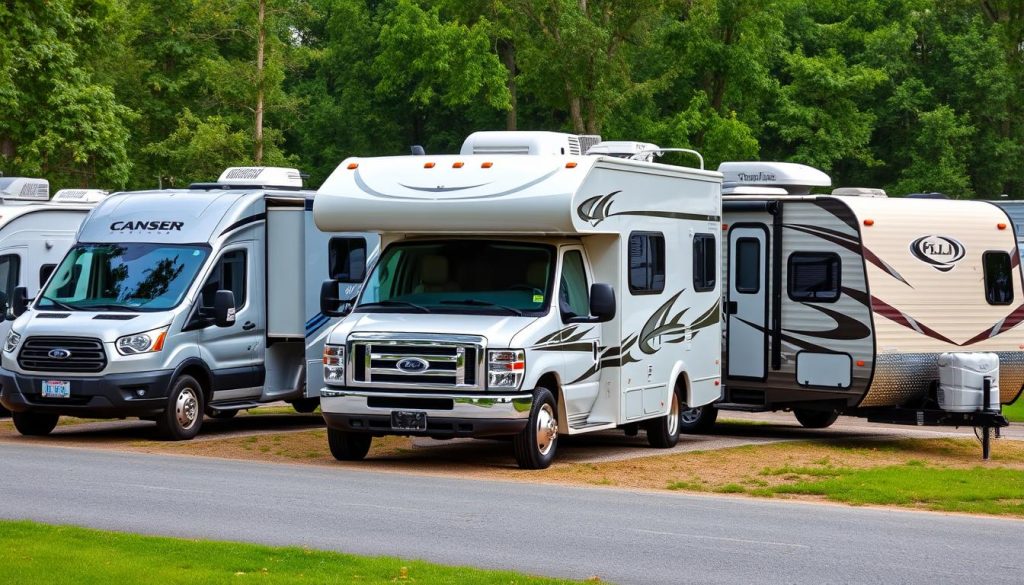 Comparison of Class B, Class C, and travel trailer RVs parked side by side
