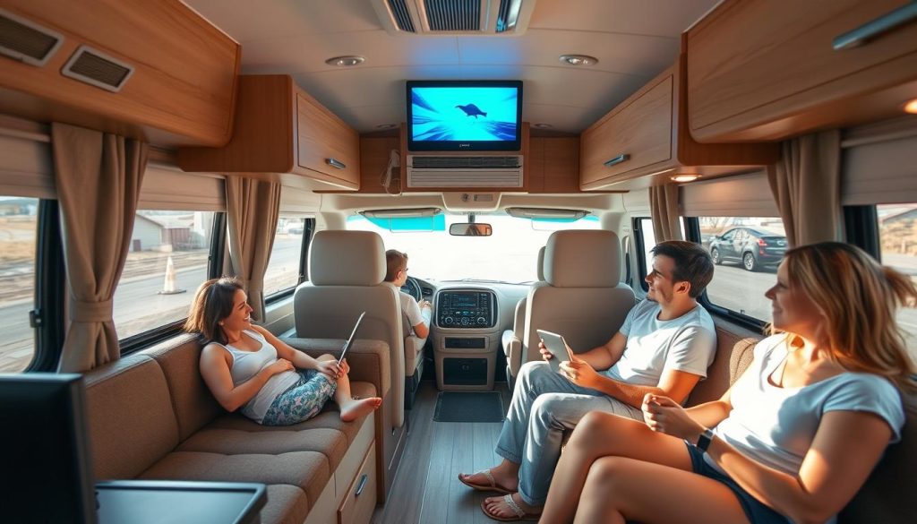 Family traveling in RV using powered appliances while driving