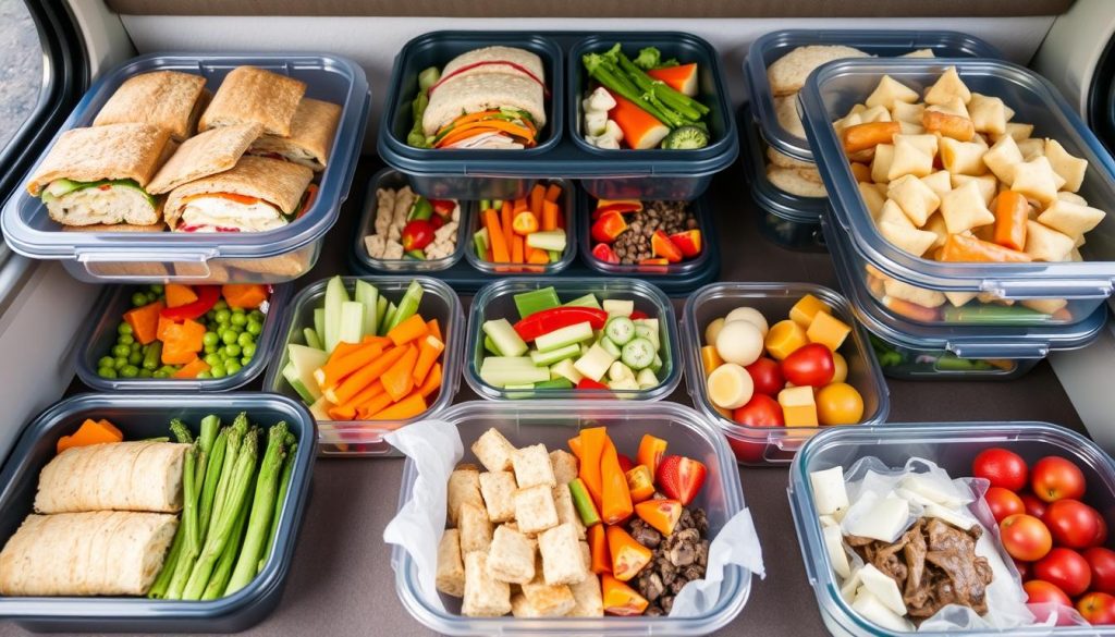 Meal prep containers with road-friendly foods for RV travel