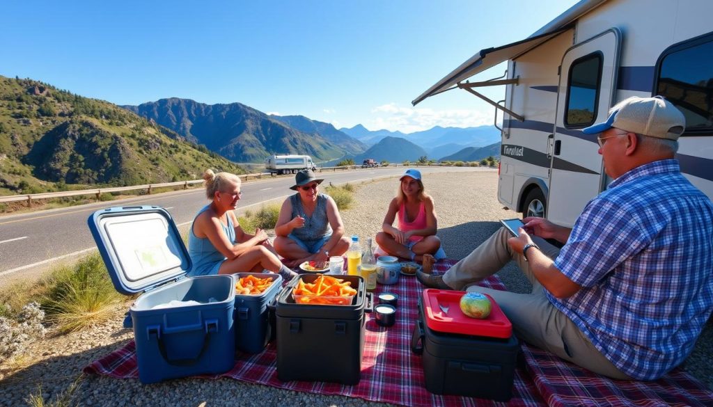 RV travelers enjoying a roadside picnic with pre-prepared food