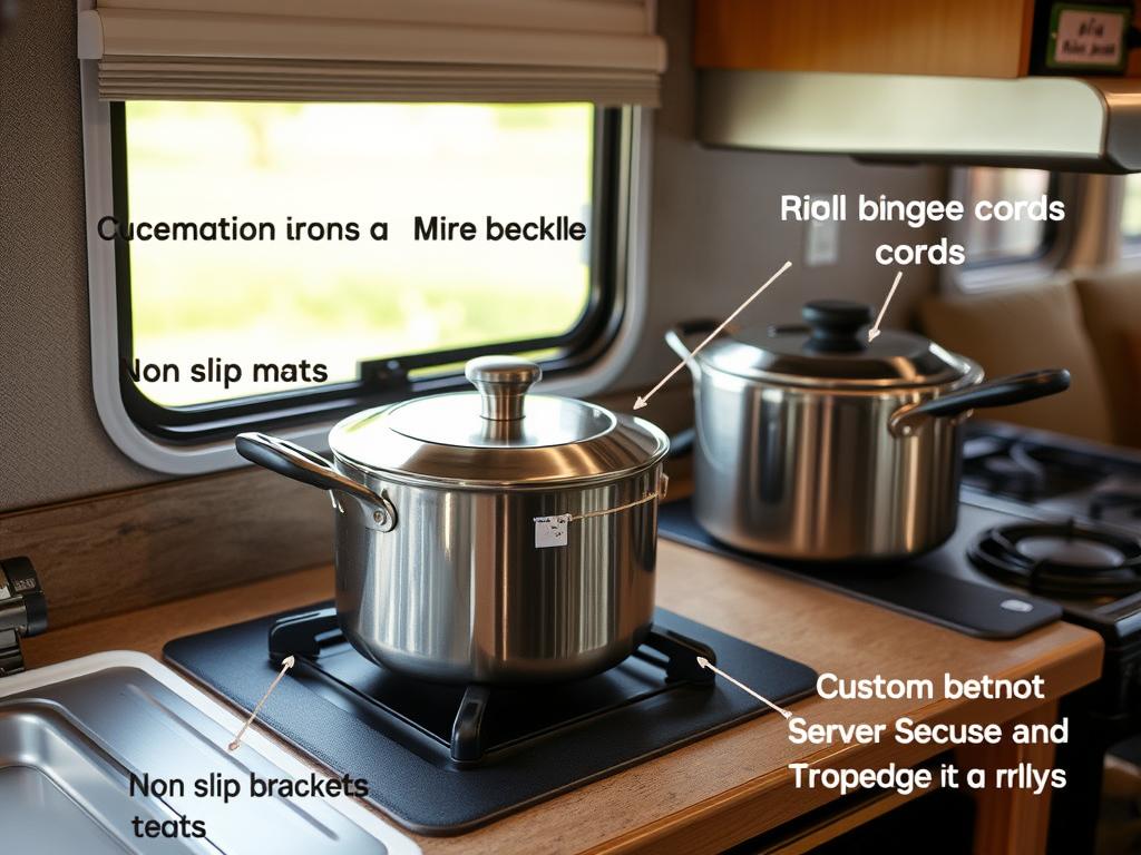 Secured cooking equipment in an RV with non-slip mats and straps