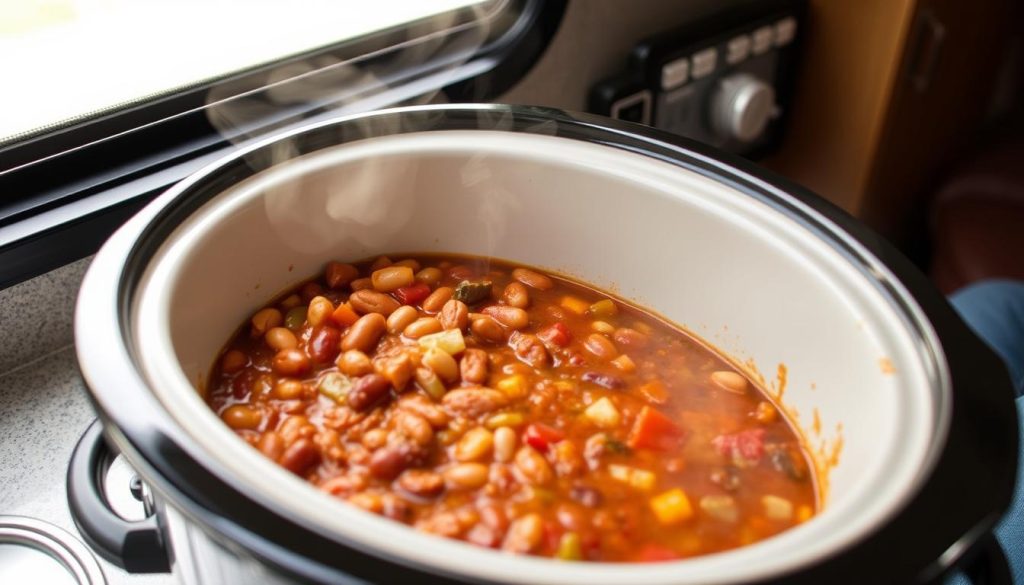 Slow cooker chili being prepared in a moving RV