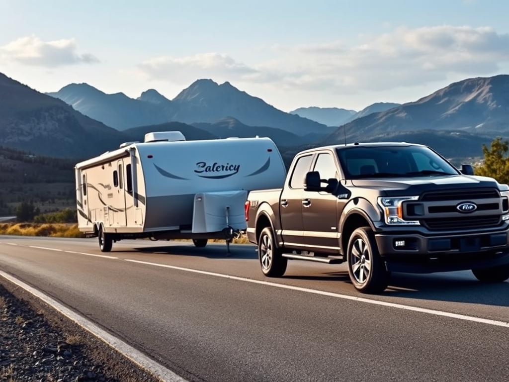 Travel trailer being towed by a pickup truck on a scenic road