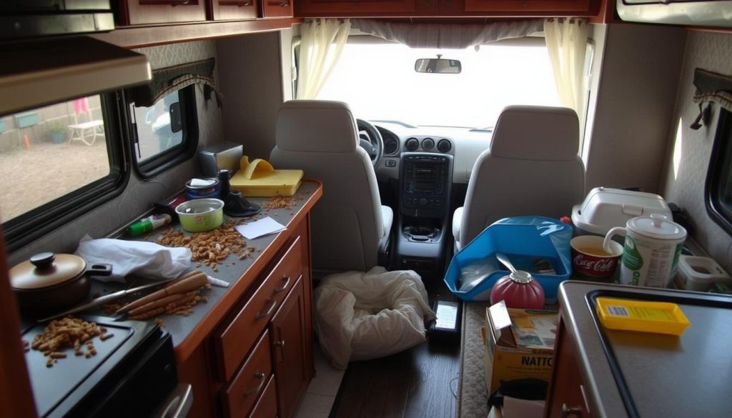 Unsecured items creating a mess in an RV kitchen after sudden braking