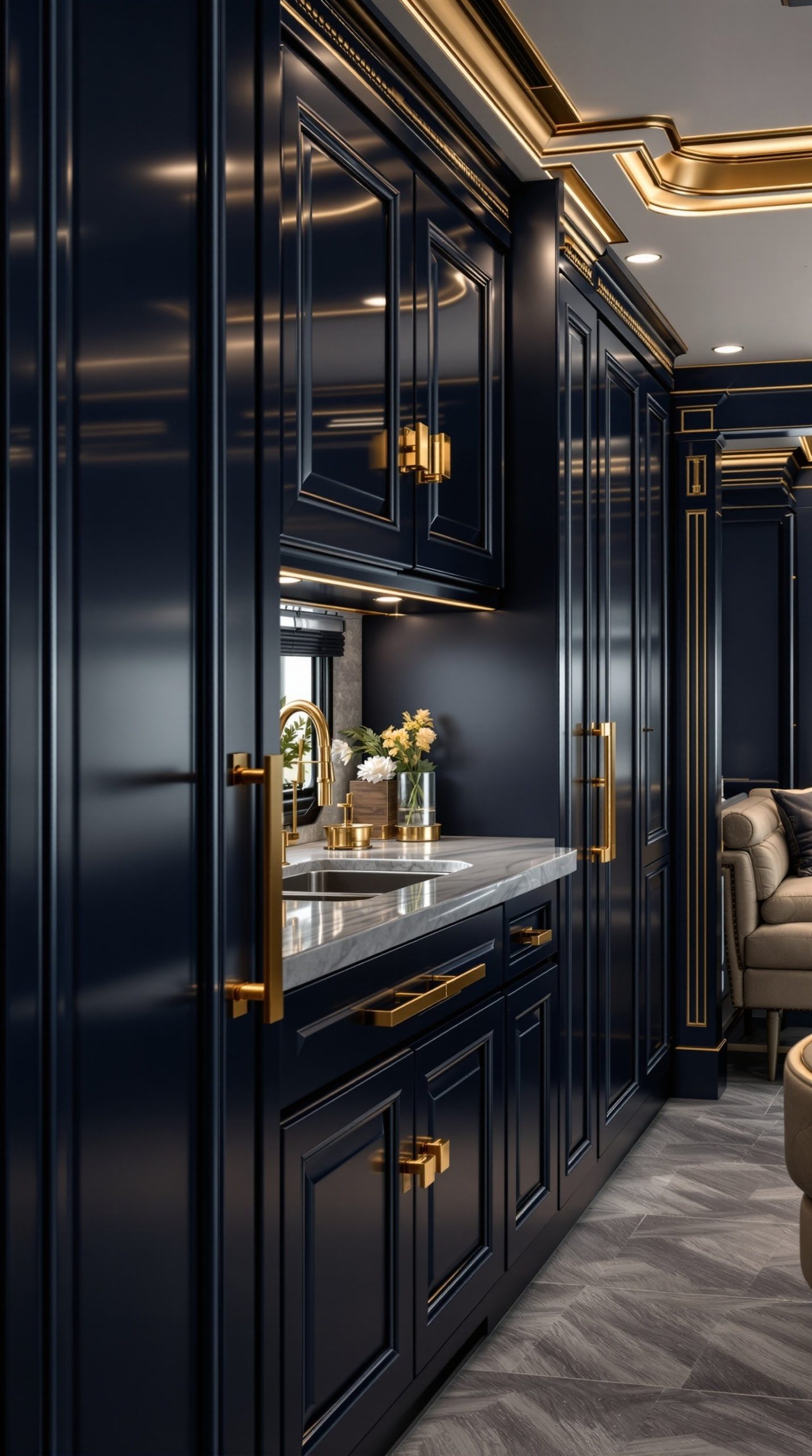 Navy Blue and Gold Luxury RV Interior