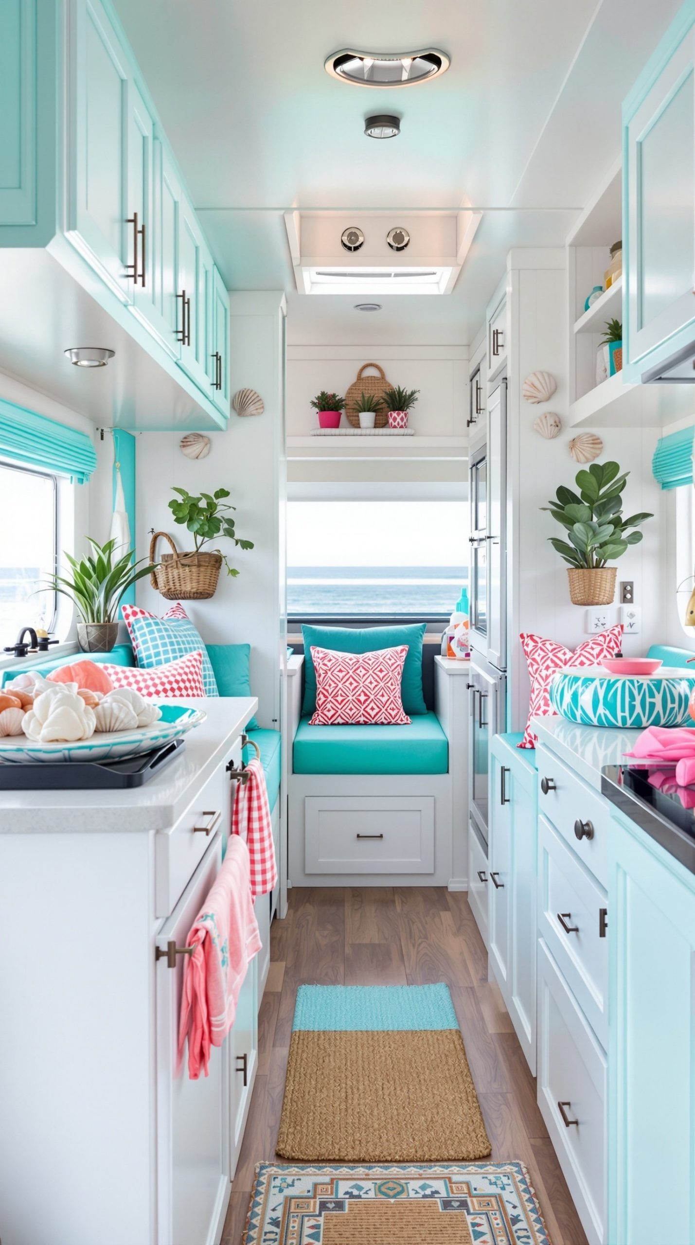 Turquoise and Coral Beach Theme RV Interior