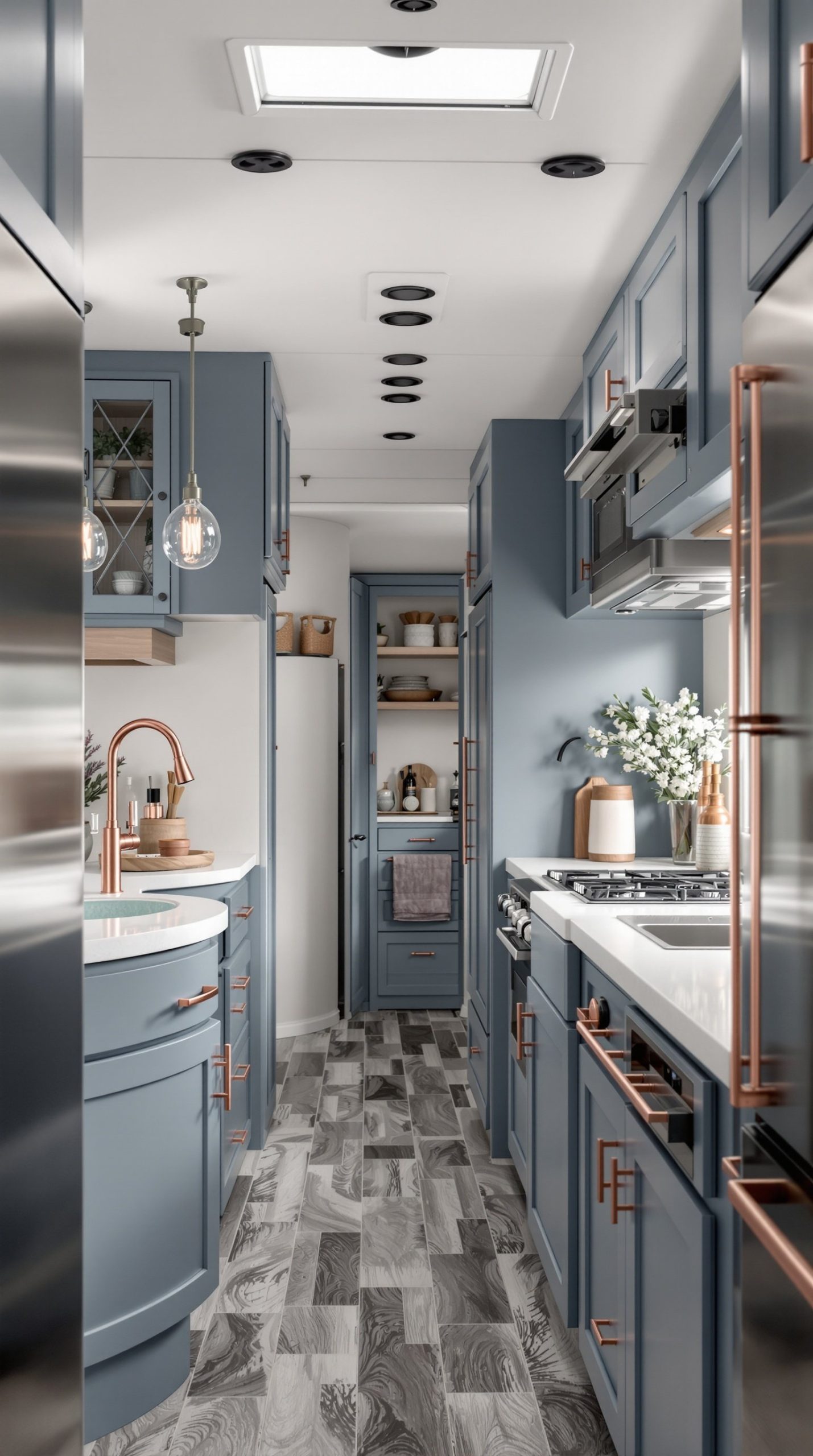 Slate Blue and Copper Industrial Farmhouse RV Interior