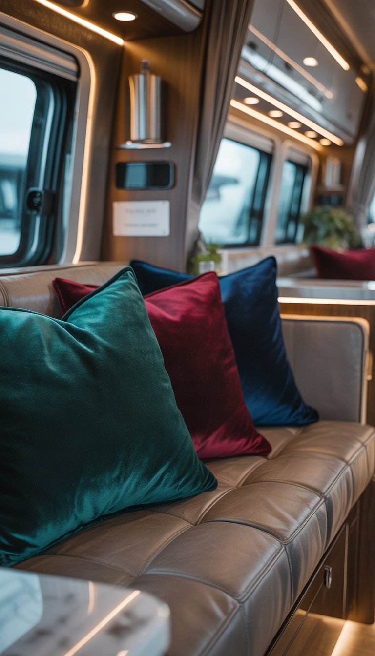 A cozy RV seating area with velvet throw pillows in rich green, blue, and red colors on a sofa, surrounded by wooden cabinets and large windows.