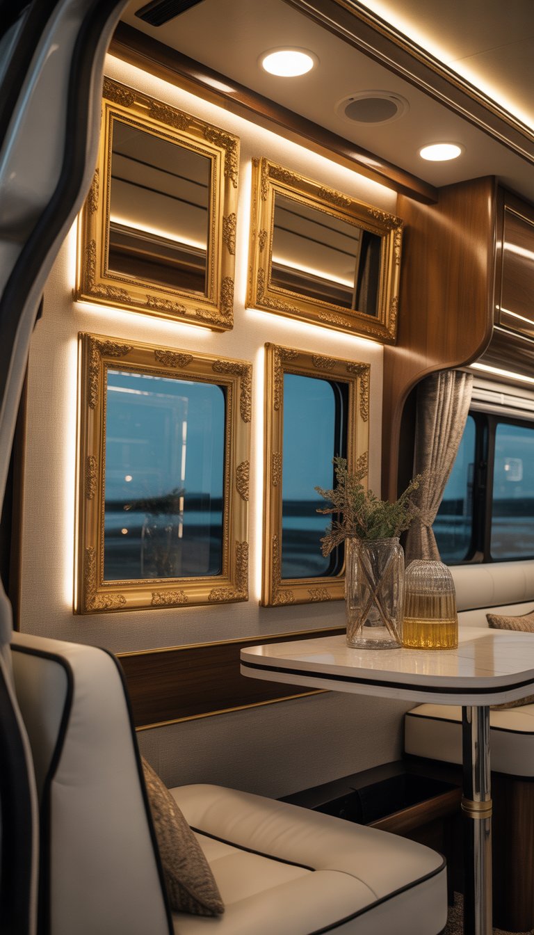 Interior of an RV decorated with gold accented picture frames on the walls and comfortable seating.