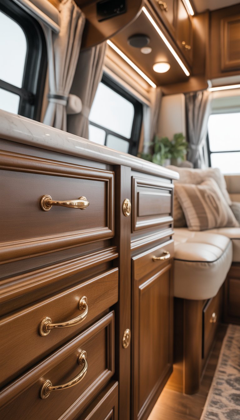 Interior of an RV showing cabinets with brass handles and a cozy seating area in the background.