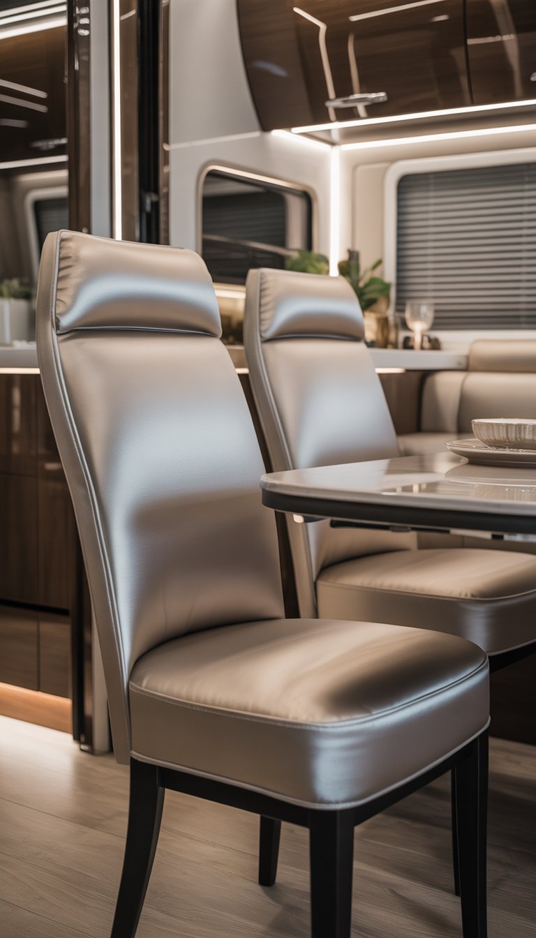 A dining area inside an RV with satin upholstered chairs arranged around a dining table.