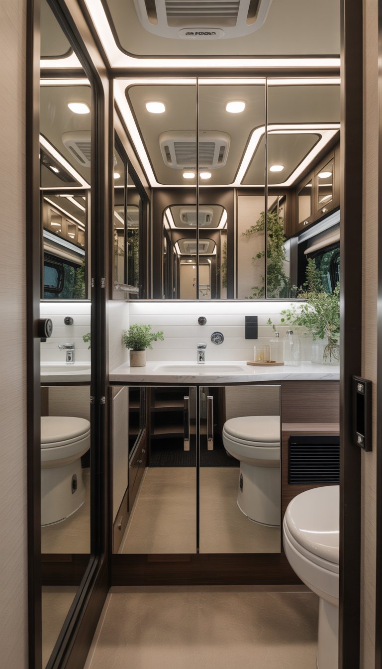 Interior view of a luxury RV bathroom with mirrored cabinet doors and elegant fixtures.