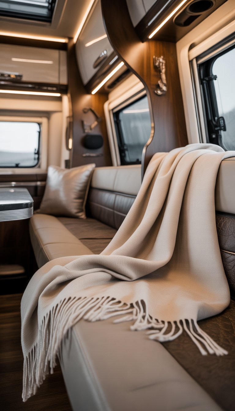 A cozy RV interior with a soft cashmere throw blanket draped over a seat, surrounded by warm wood accents and decorative pillows.