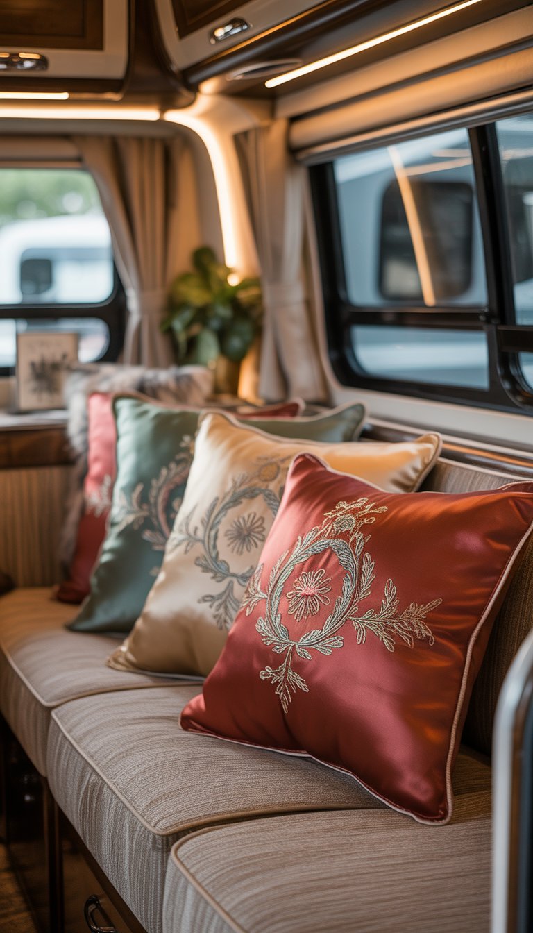 A cozy RV seating area decorated with several embroidered silk throw pillows on a sofa, with natural light coming through the windows.