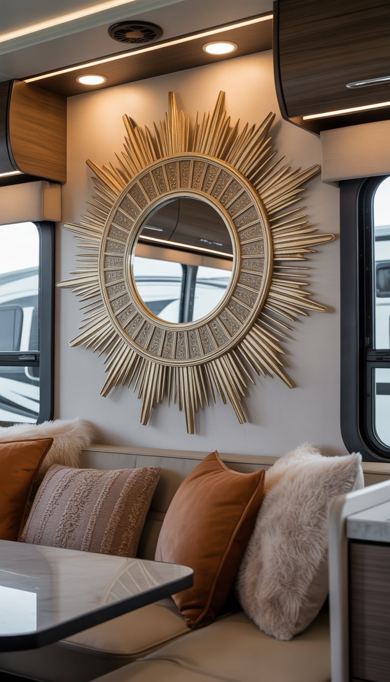 A large sunburst wall mirror hanging on a wall inside a well-lit RV living area with modern furniture and decorative accents.