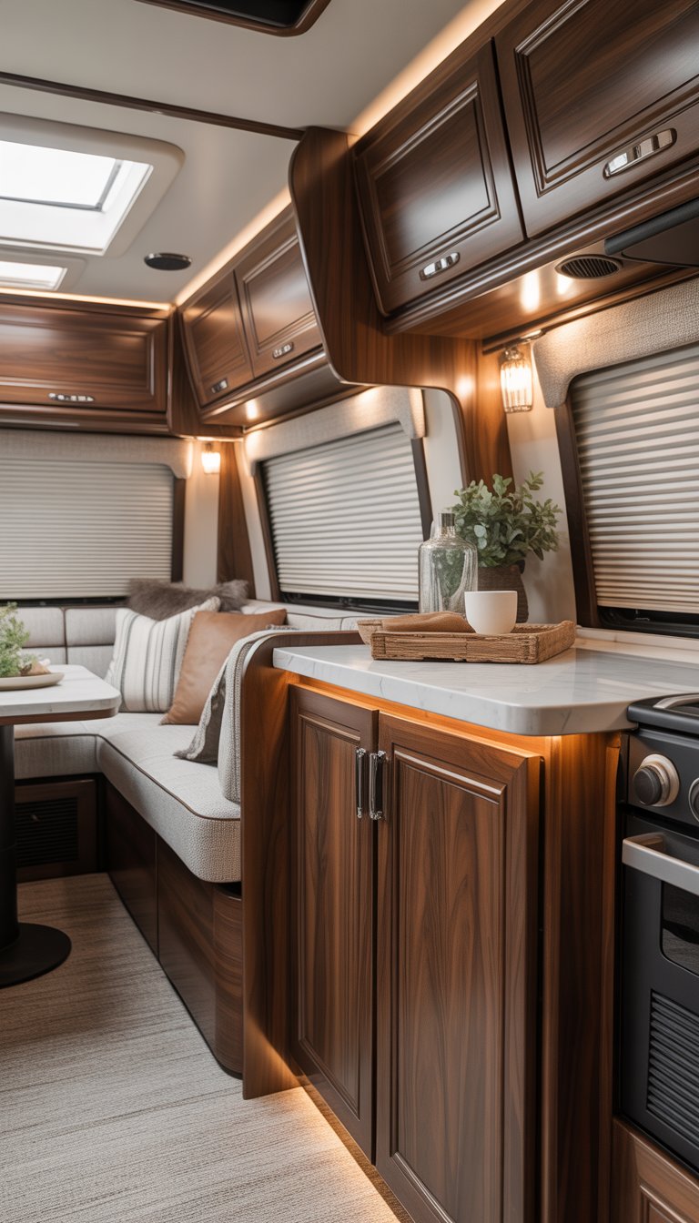 Interior of a luxurious RV featuring dark walnut wood cabinetry and comfortable seating with natural lighting.