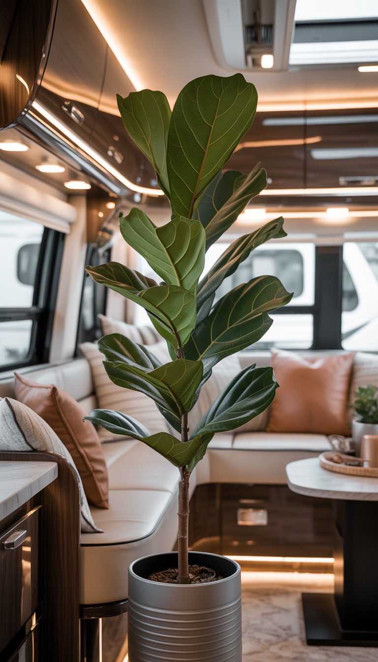 A tall fiddle leaf fig plant inside a luxurious RV interior with elegant furnishings and natural light.
