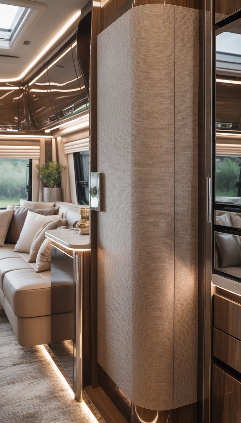 Interior of an RV living area with textured taupe wallpaper, comfortable seating, and decorative elements creating a cozy and elegant space.