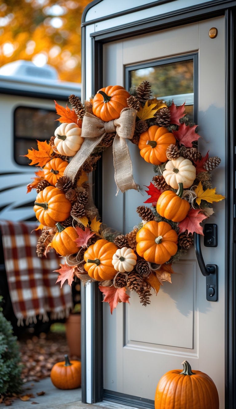 A pumpkin-themed wreath decorated with autumn leaves and pinecones hanging on the door of an RV with fall foliage in the background.