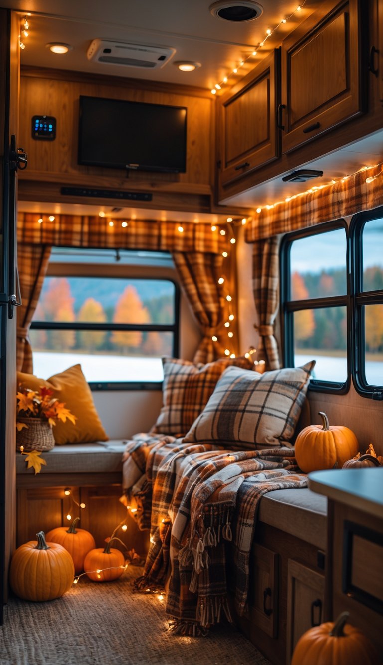 Interior of an RV decorated with orange string lights, pumpkins, fall leaves, and cozy blankets, with autumn trees visible outside the windows.