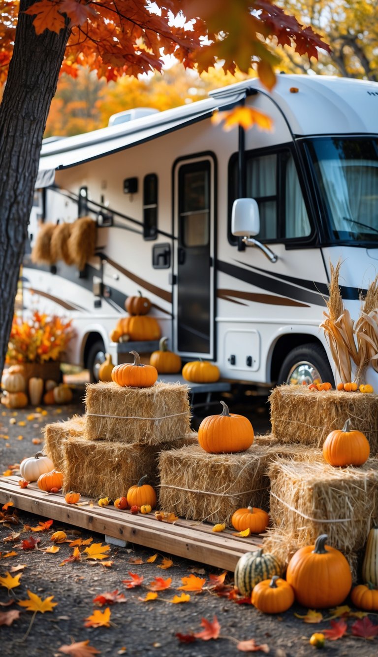 An RV entrance decorated with mini hay bales, pumpkins, gourds, and autumn leaves.