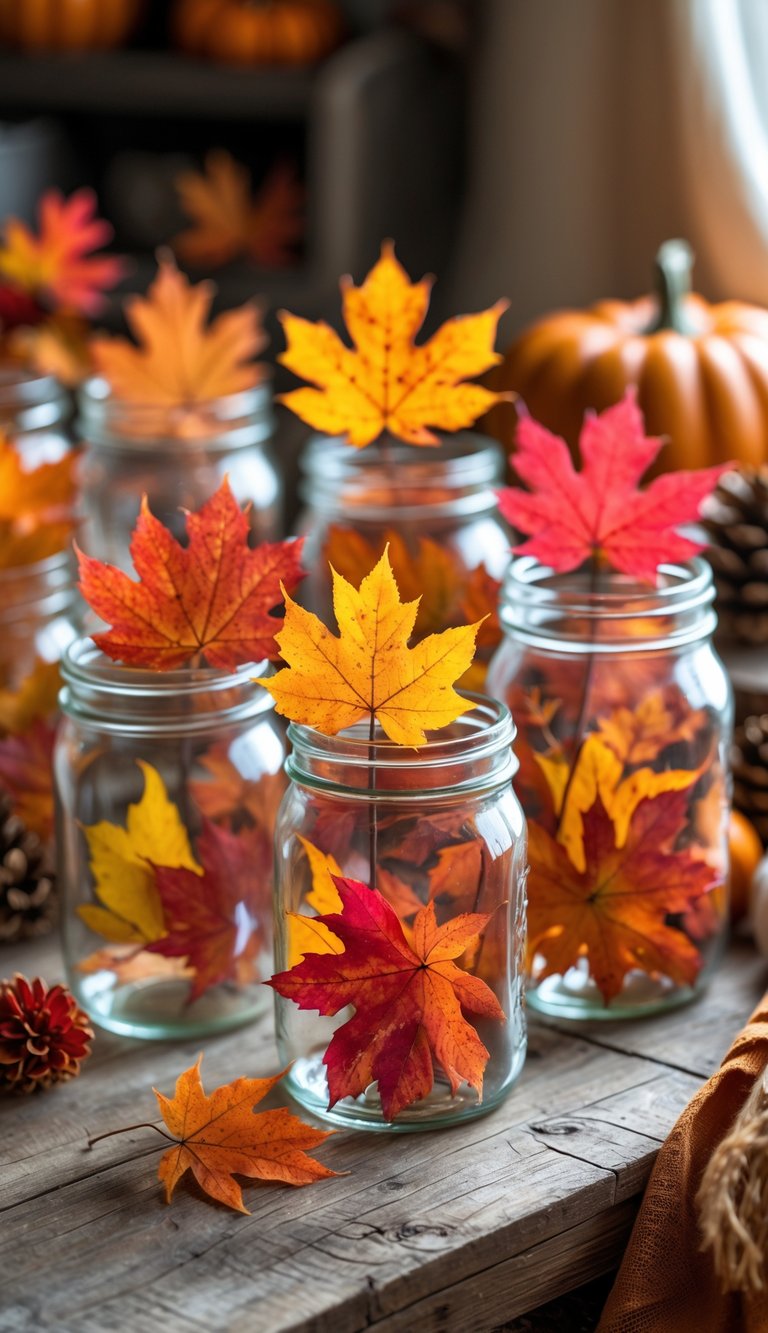 Several Mason jars filled with colorful autumn leaves arranged on a wooden surface with fall decorations in the background.