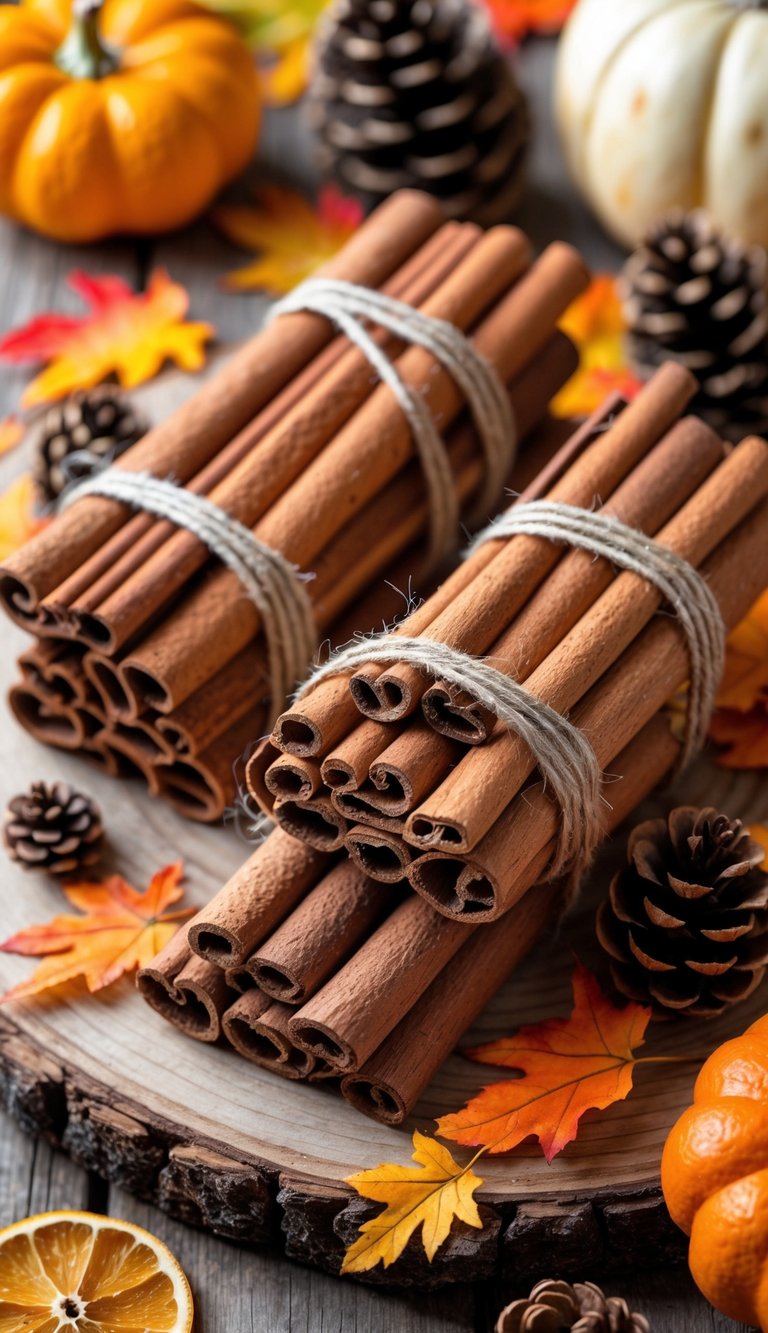 Bundles of cinnamon sticks tied with twine arranged with autumn leaves, pine cones, dried orange slices, and small pumpkins on a wooden surface.