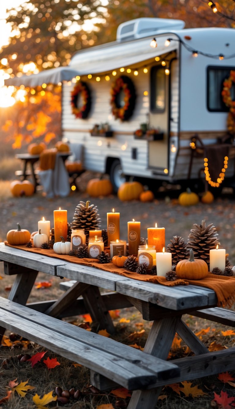 An outdoor fall scene with a wooden table holding pumpkin spice candles, small pumpkins, and autumn leaves, next to a decorated RV with fall decorations.