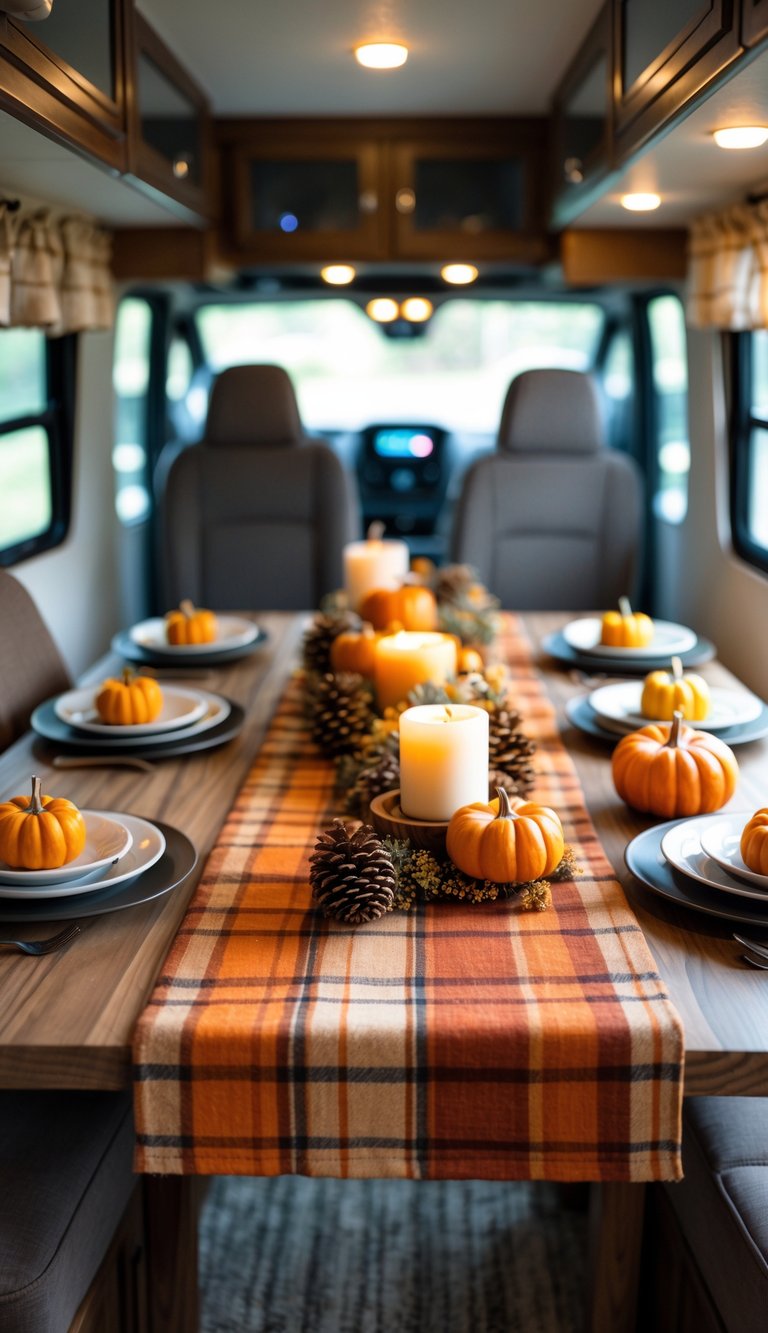 Dining table inside an RV decorated with plaid table runners and fall-themed decorations like pumpkins and candles.