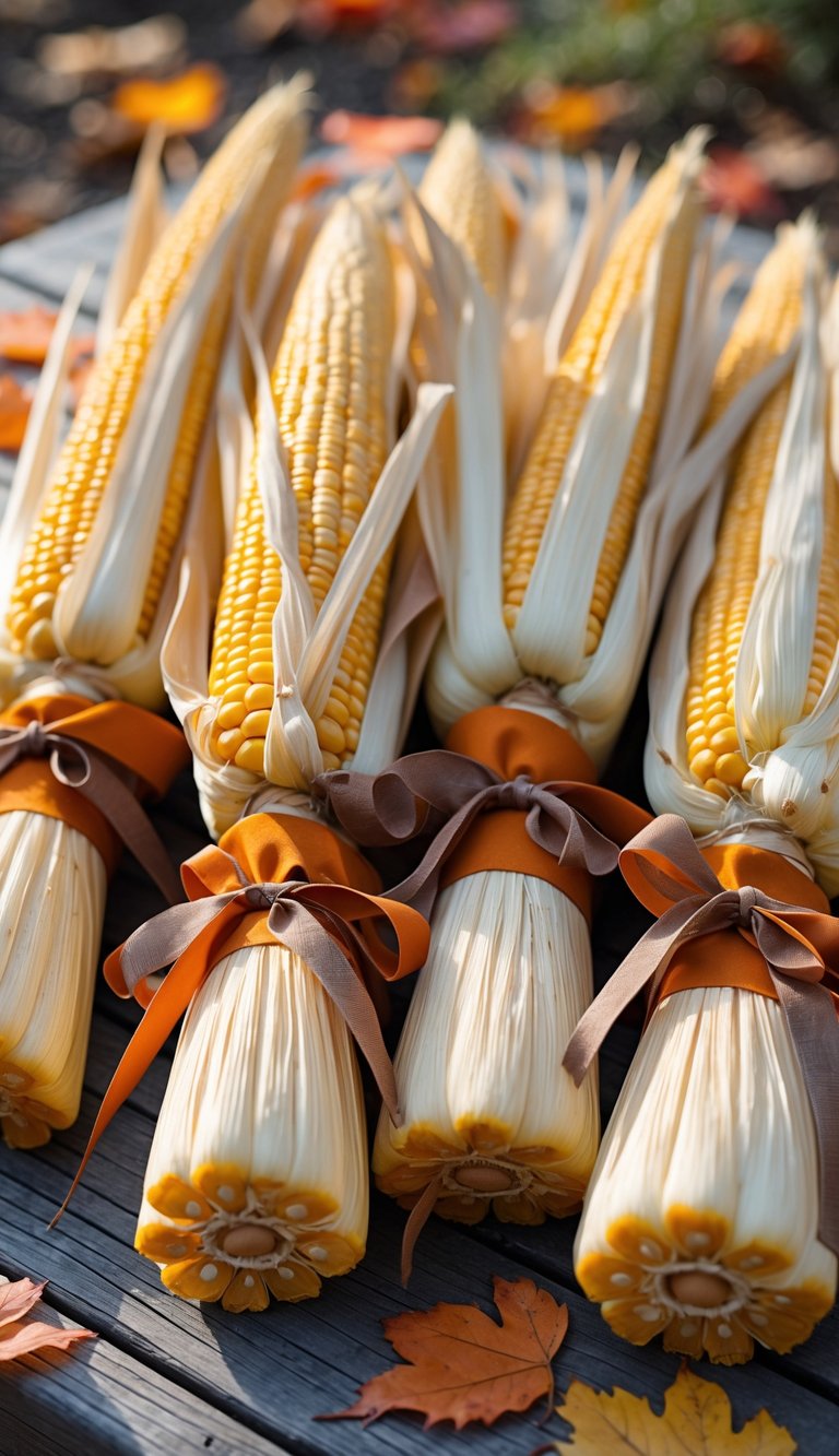 Bundles of dried corn stalks tied with ribbons arranged outdoors with autumn leaves.