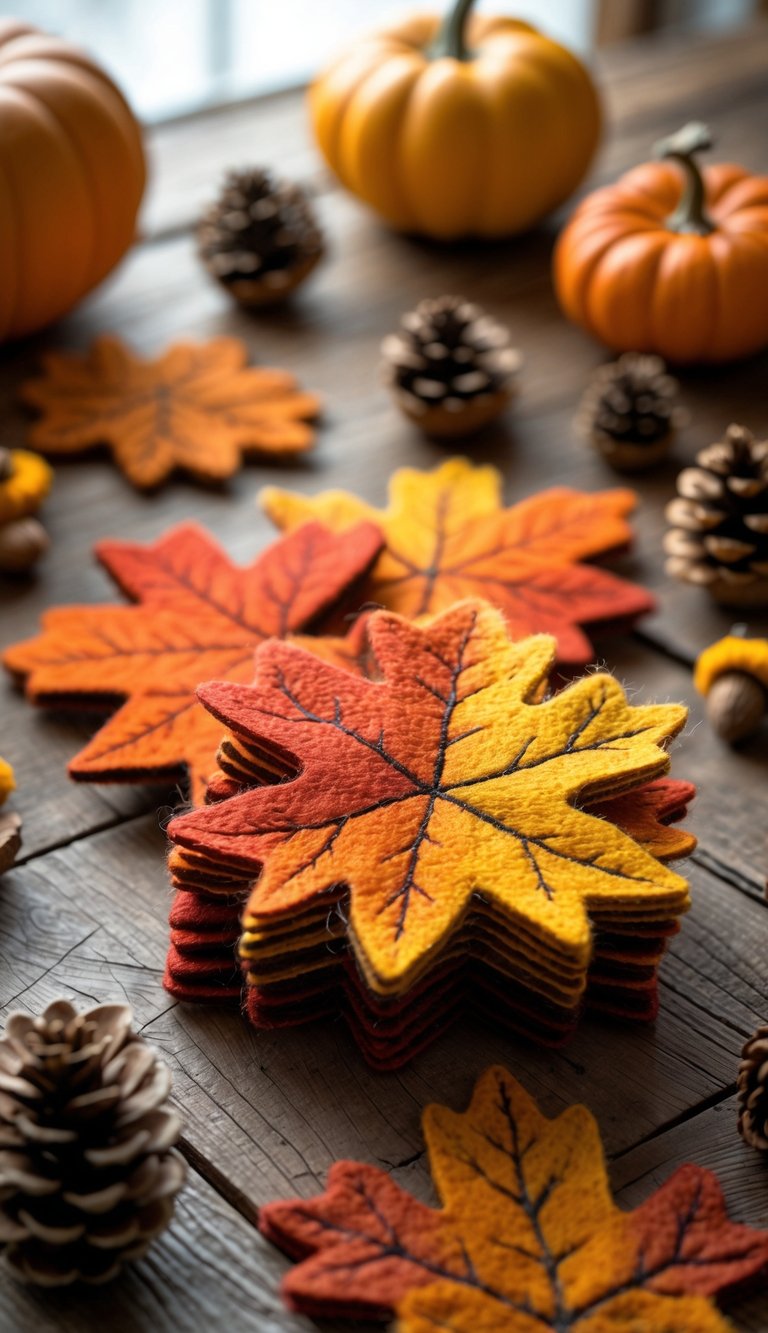 A set of wool felt coasters shaped like autumn leaves arranged on a wooden table with small pumpkins and pinecones nearby.