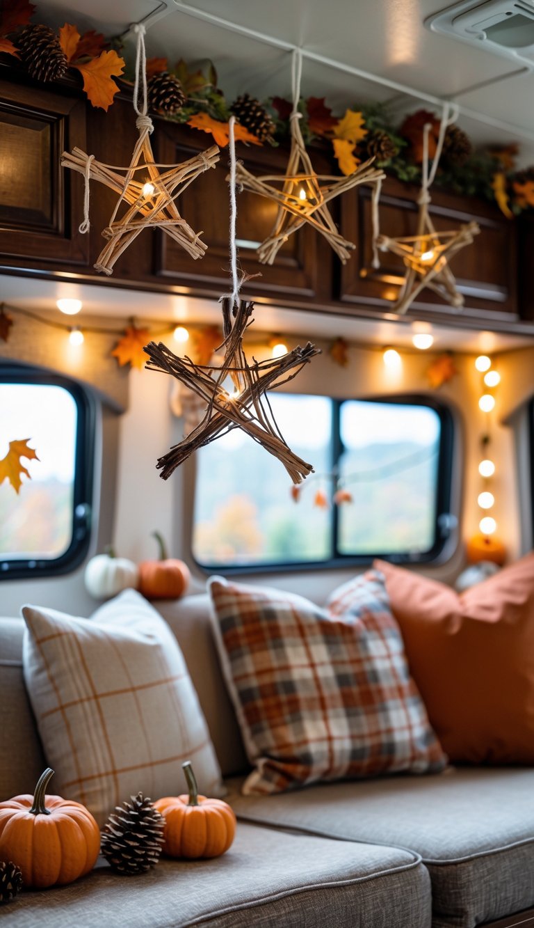 Cozy RV interior decorated with handmade twig star ornaments and autumn decorations including pumpkins and leaves.