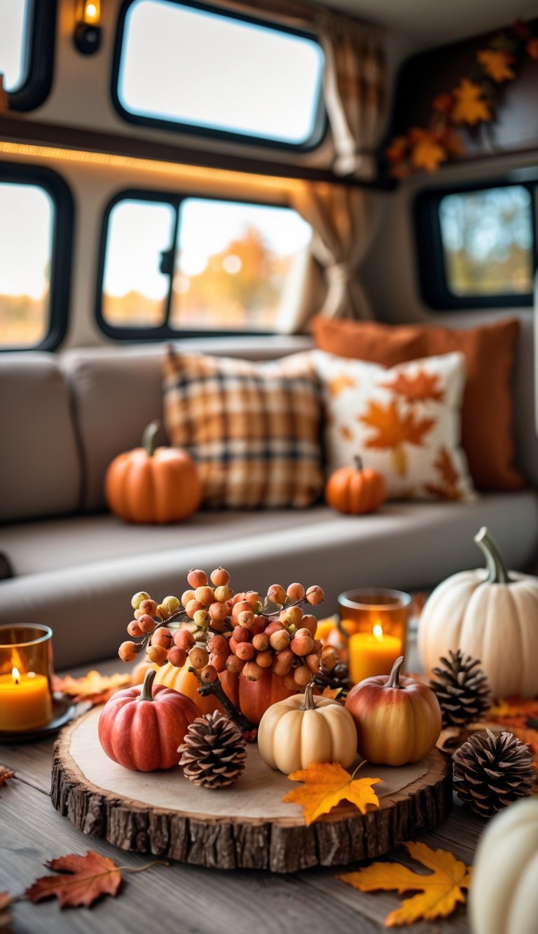 A cozy RV interior decorated with tiny faux apple clusters, pumpkins, fall leaves, and candles on a wooden table.