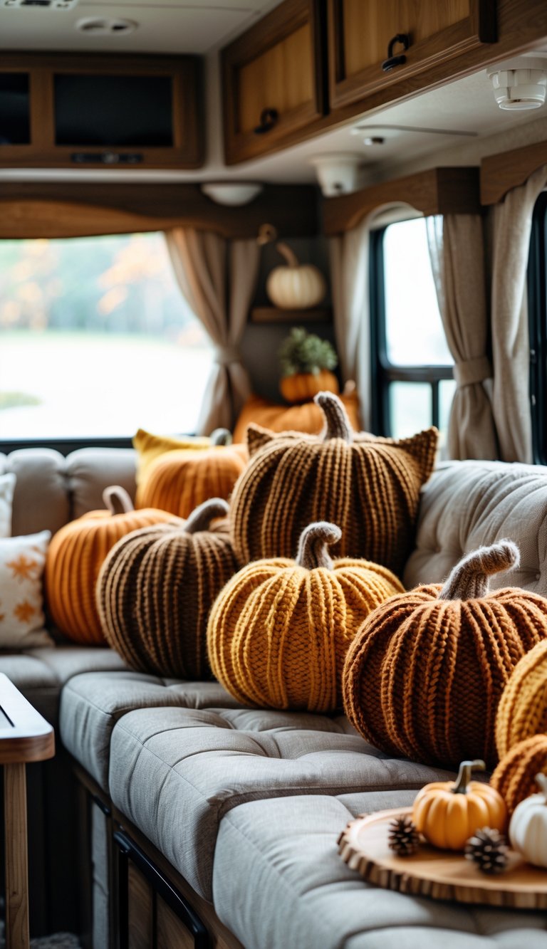 Knitted pumpkin-shaped pillows arranged on a sofa inside an RV decorated with fall-themed items like gourds, pinecones, and dried leaves.